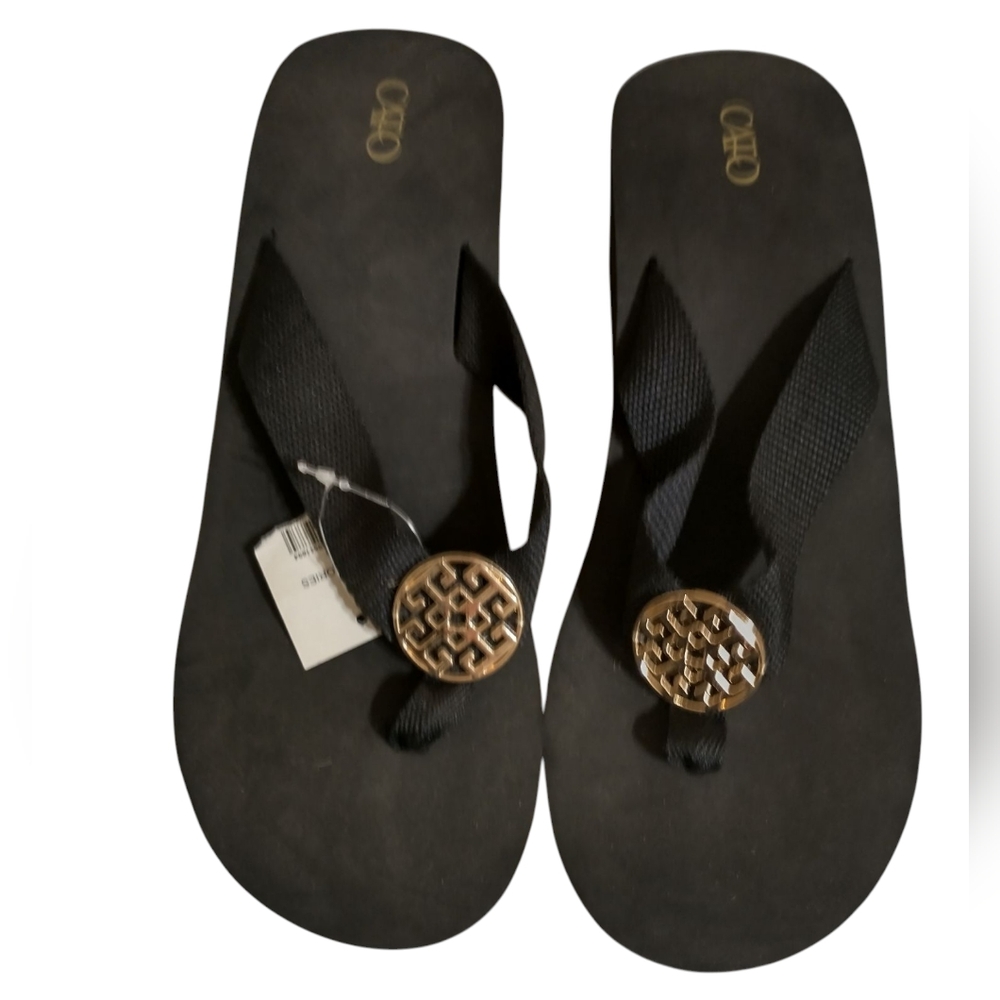 Cato Black and Gold Sandals with Decorative Medallions